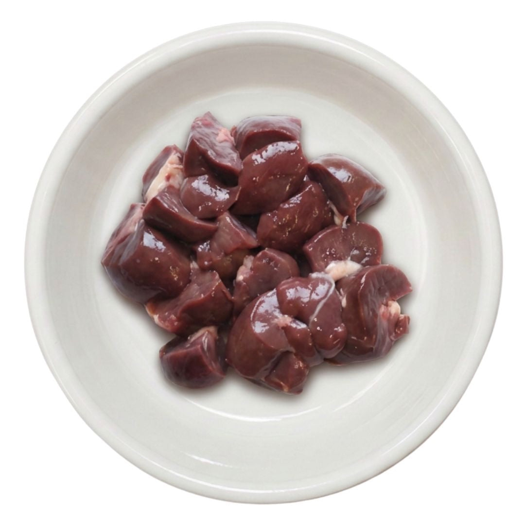 Diced raw beef kidney in a bowl, raw dog food, Burleigh Bones Burleigh Heads.