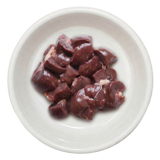 Diced raw beef kidney in a bowl, raw dog food, Burleigh Bones Burleigh Heads.