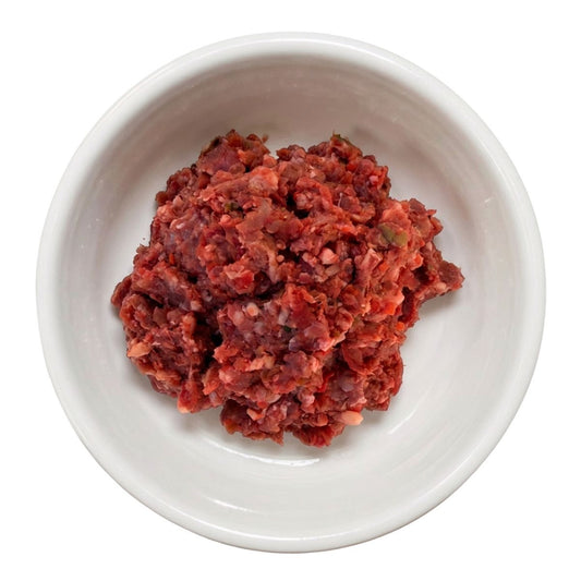 Kangaroo, beef and vegetable mince in a bowl, raw dog food, Burleigh Bones Burleigh Heads.