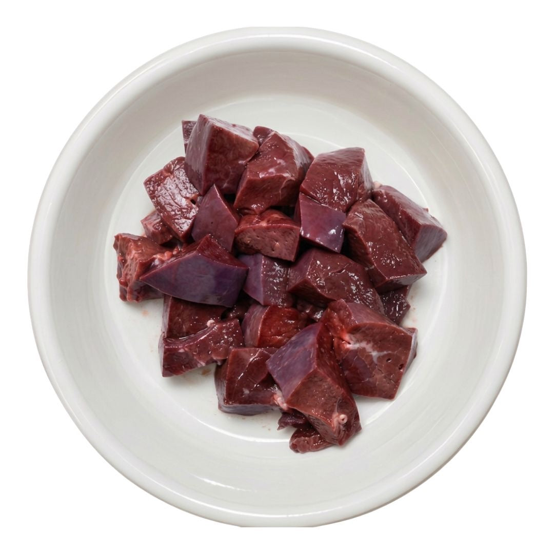 Diced raw beef liver in a bowl, raw dog food, Burleigh Bones Gold Coast.