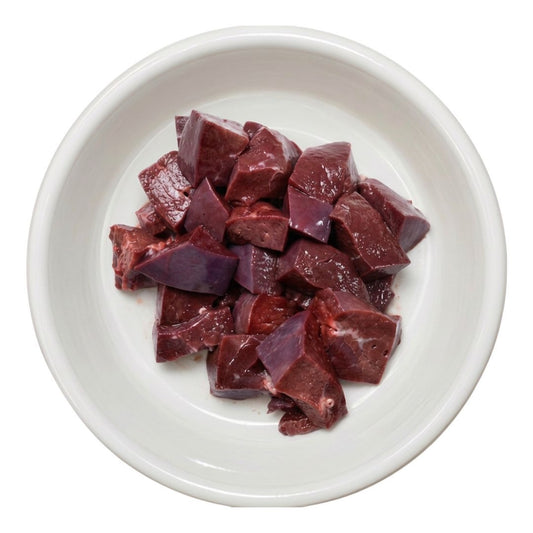 Diced raw beef liver in a bowl, raw dog food, Burleigh Bones Gold Coast.