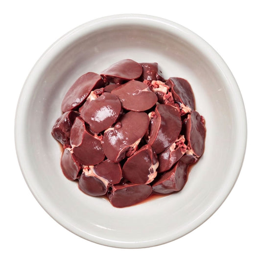 Diced raw chicken liver in a bowl, raw dog food, Burleigh Bones Burleigh Heads.